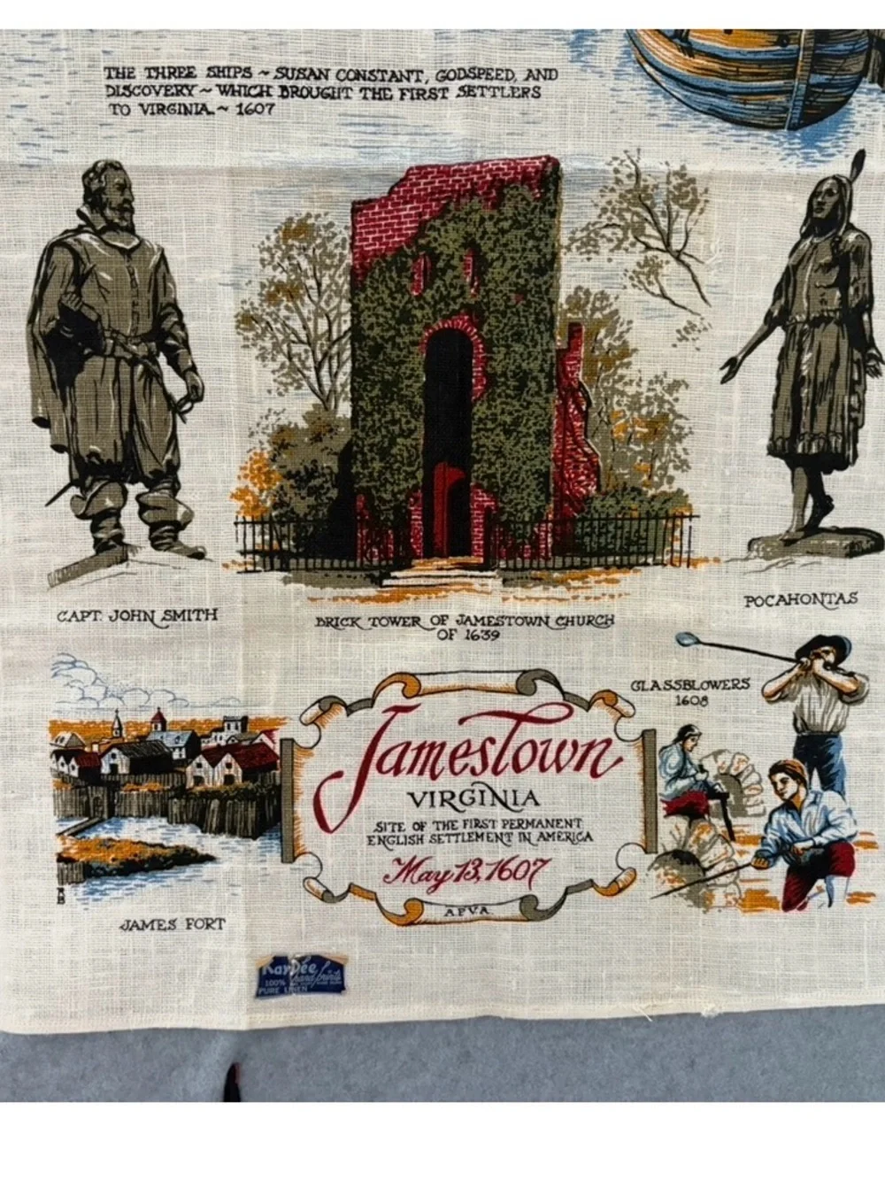 Vintage Kay Dee Jamestown Virginia Pure Linen Tea Towel Souvenir